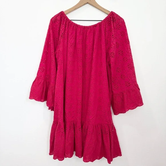 Sundance Moray Eyelet Bell Ruffle Sleeves Lipstick Red Coverup Tunic Dress XL - Picture 3 of 7